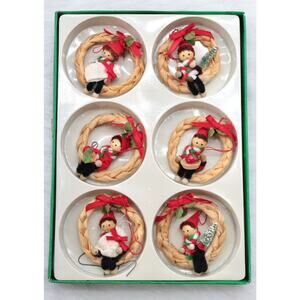 Vintage Elves in Raffia Wreaths Christmas Ornaments Set of 6 in Original Box